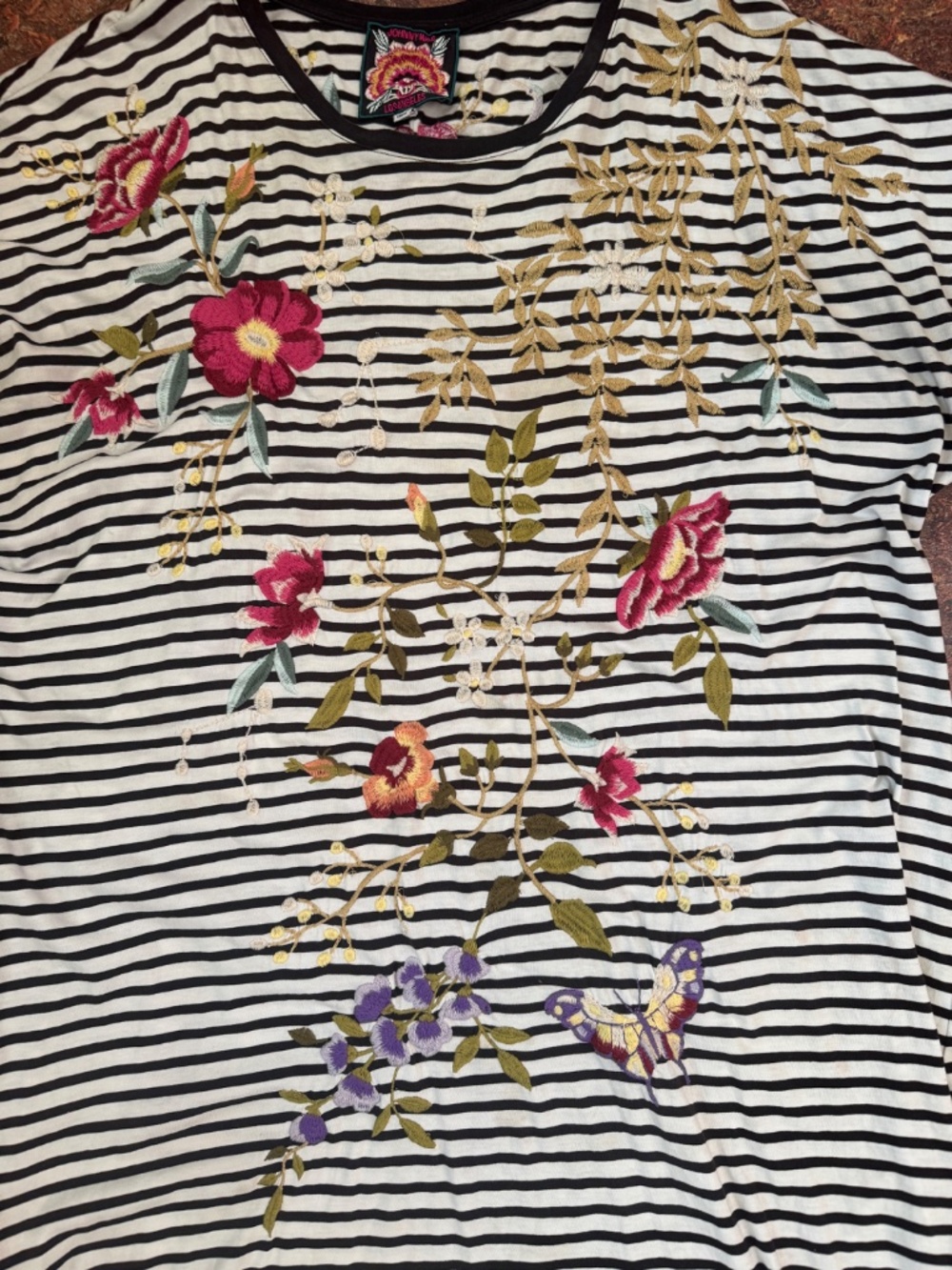 Johnny Was Embroidered Striped T shirt Dress - Picture 3 of 16